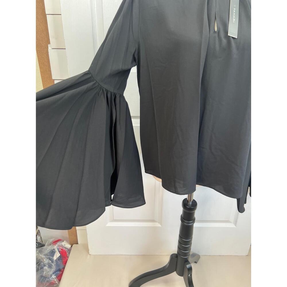T Tahari Blouse Size M Black Mock Neck Keyhole Large Bell Statement Sleeve - Picture 6 of 15